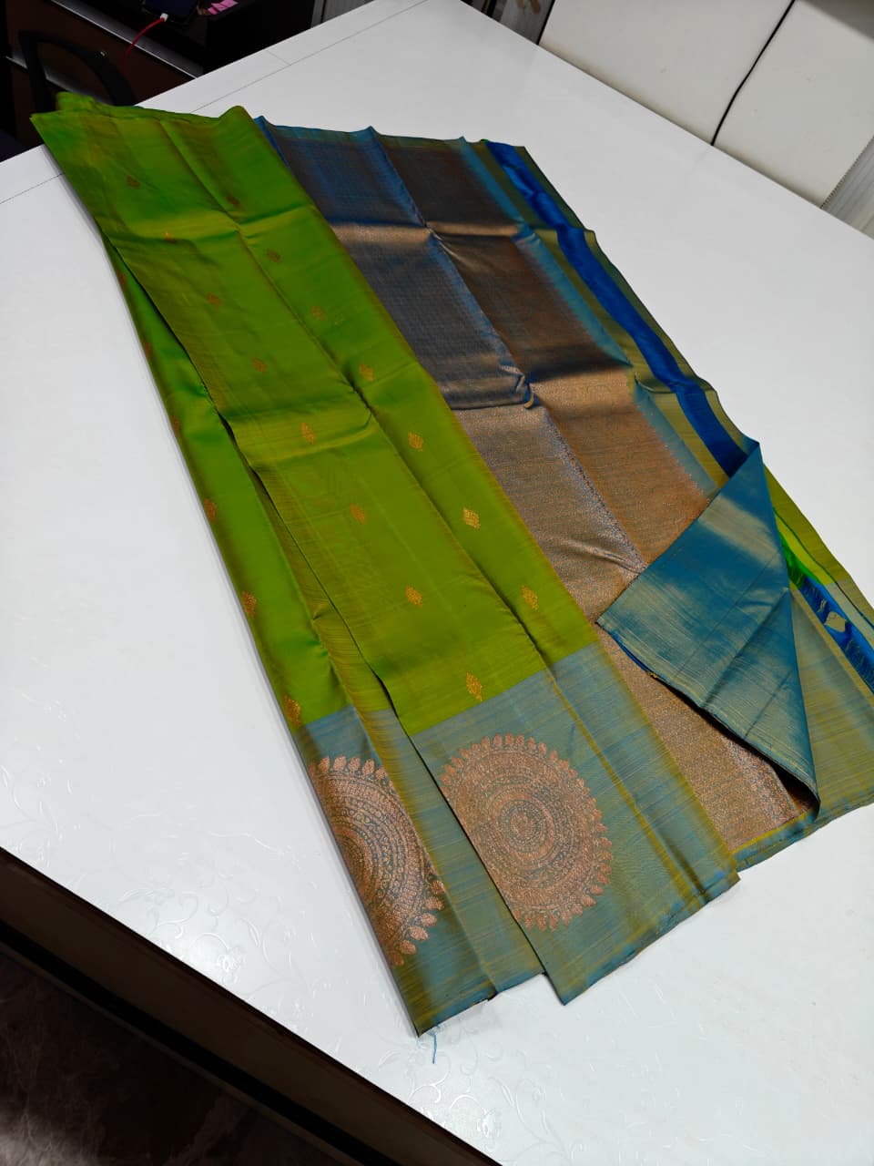 Parrot Green & Turquoise Blue Paithani Saree